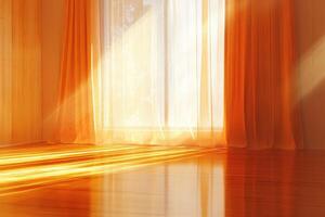 Warm sunlight streams through sheer orange curtains in a room photo