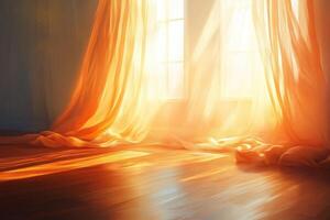 Morning light streams through sheer curtains in a cozy room photo