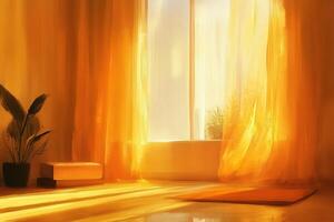 Sunlit room with yellow curtains and a plant by the window photo