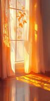 Sunlight streams through curtains in a cozy room photo