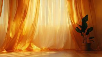 Warm sunlight filters through sheer orange curtains photo