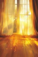 Soft sunlight shines through curtains in a cozy room photo