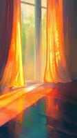 Sunlight streaming through sheer curtains in a tranquil room photo