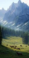 Cattle grazing in a serene mountain valley landscape photo