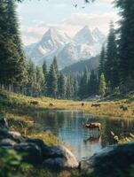 Majestic wildlife in serene forest landscape by a lake photo