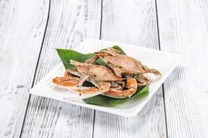 A white plate with two crabs on it photo