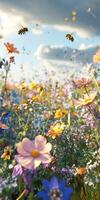Colorful wildflower field attracts buzzing bees during daylight photo