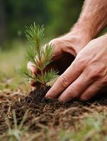 Planting a young pine tree in the forest on a sunny day photo