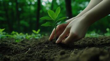 Planting a young sapling in a lush forest setting photo