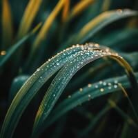 Dew drops glisten on blades of grass in early morning light photo