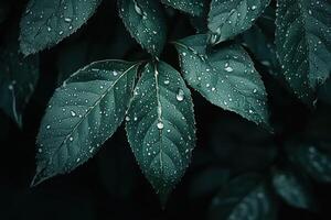 Leaves glistening with raindrops in a dark garden photo