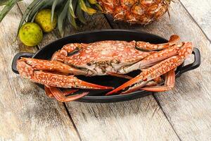 A crab sitting in a pan with a pineapple and some other fruit photo