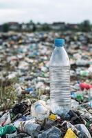 Plastic pollution overwhelms landscape in a landfill photo