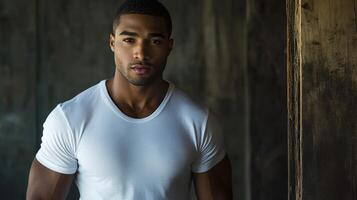 Young man in casual white shirt poses near wooden structure photo