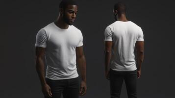 Model showcases minimalist white t-shirt in stylish pose photo