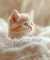 Curious orange kitten resting on soft blanket photo