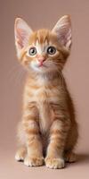 Cute orange kitten sitting against a beige background photo