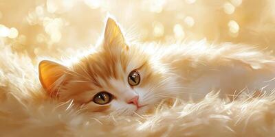 Beautiful golden cat resting in soft fur environment photo