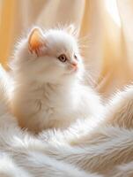 Cute fluffy kitten resting on soft blanket in sunlight photo
