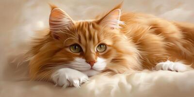 Orange feline resting on soft, warm surface during daylight photo