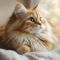 Fluffy orange cat lounging by the window on a sunny day photo