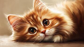 Cute fluffy orange cat resting on a soft surface photo