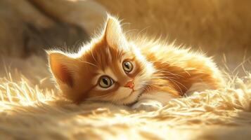 Curious orange kitten relaxing in sunlit grass photo
