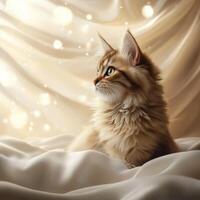 Beautiful cat gazing thoughtfully at the light behind fabric photo