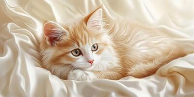 Adorable orange and white kitten resting on soft fabric photo