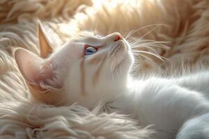 Beautiful kitten lying on soft blanket with sunlight glow photo