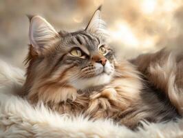 Fluffy cat resting peacefully on a soft blanket at home photo