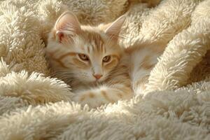 Cozy ginger kitten resting on soft blanket in sunlight photo