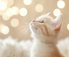 Cute kitten gazing at sparkling lights in cozy setting photo