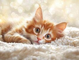 Cute orange kitten relaxing on soft carpet with bokeh background photo
