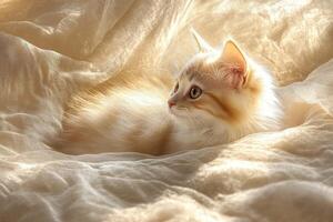 Soft light highlights a playful kitten resting gracefully photo