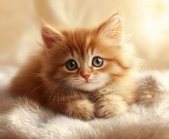 Cute orange kitten resting on soft blanket with big eyes photo