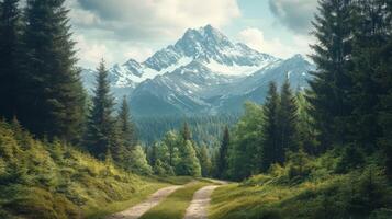 A dirt road leads to a mountain range photo