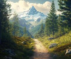 A path leads to a mountain range with trees and grass photo