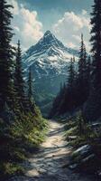 A painting of a mountain trail with trees and mountains in the background photo