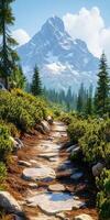 A path leads to a mountain with trees and rocks photo