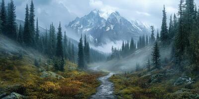 A mountain path in the middle of a forest photo