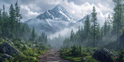 A path leads to a mountain with fog and trees photo