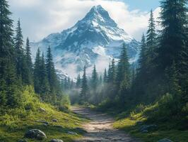 A dirt path leads to a mountain with trees and a mountain in the background photo