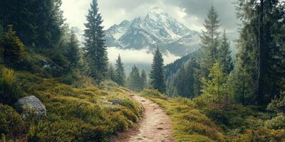 A path leads through the forest to a mountain range photo