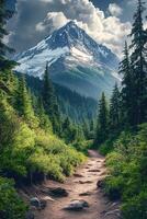 A dirt path leads to a mountain with trees and clouds photo