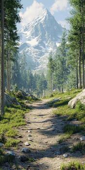 A path through the woods with a mountain in the background photo