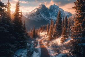 A path leads to a snowy mountain range photo