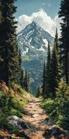A path leads to a mountain with trees and grass photo
