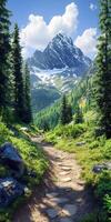 A path leads to a mountain range with trees and grass photo