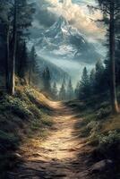 A path leads to a mountain with trees and clouds photo